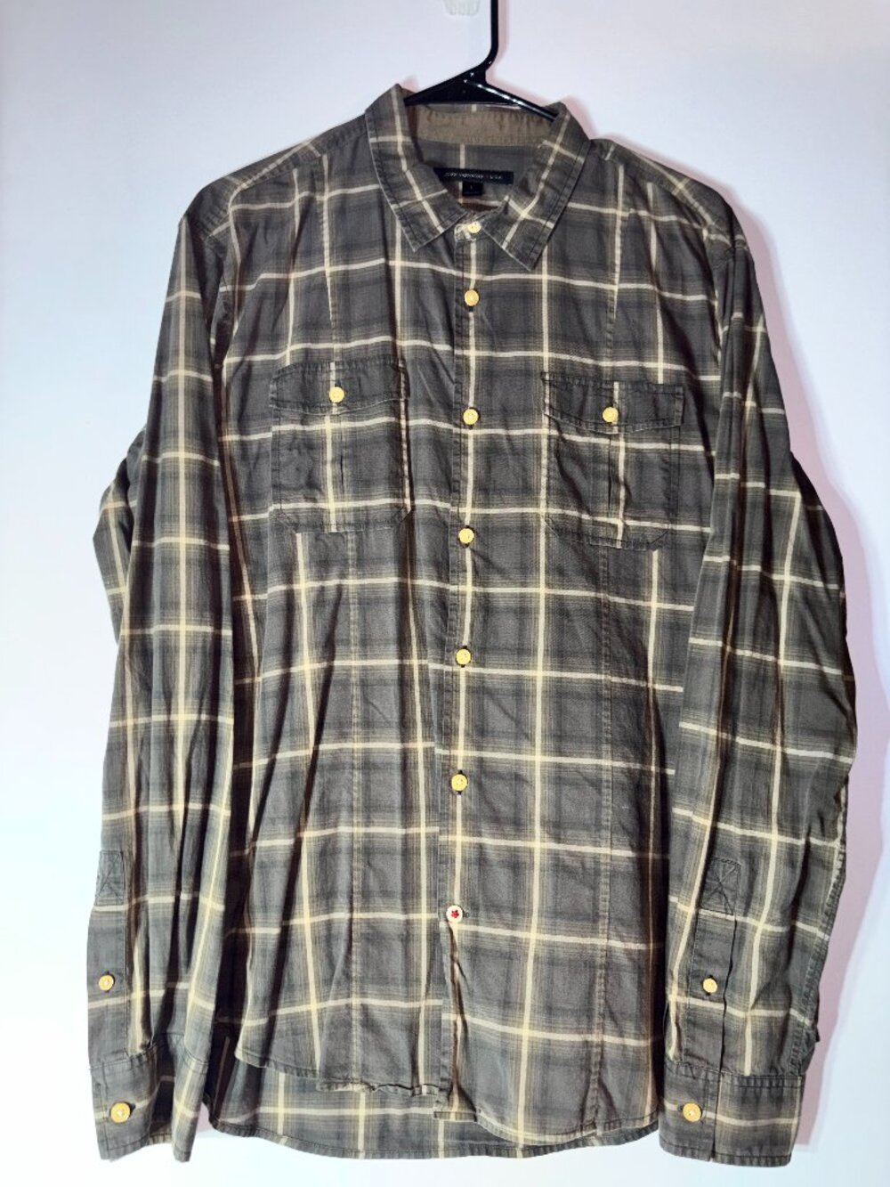 John Varvatos Men’s Plaid Button Down Long Sleeve Shirt Gray Brown Large